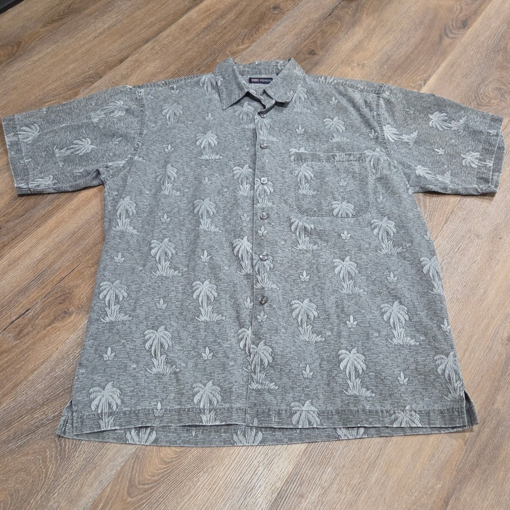 Faded Glory Mens Large Grey Palm Tree Tropical Short Sleeve Button Down Shirt